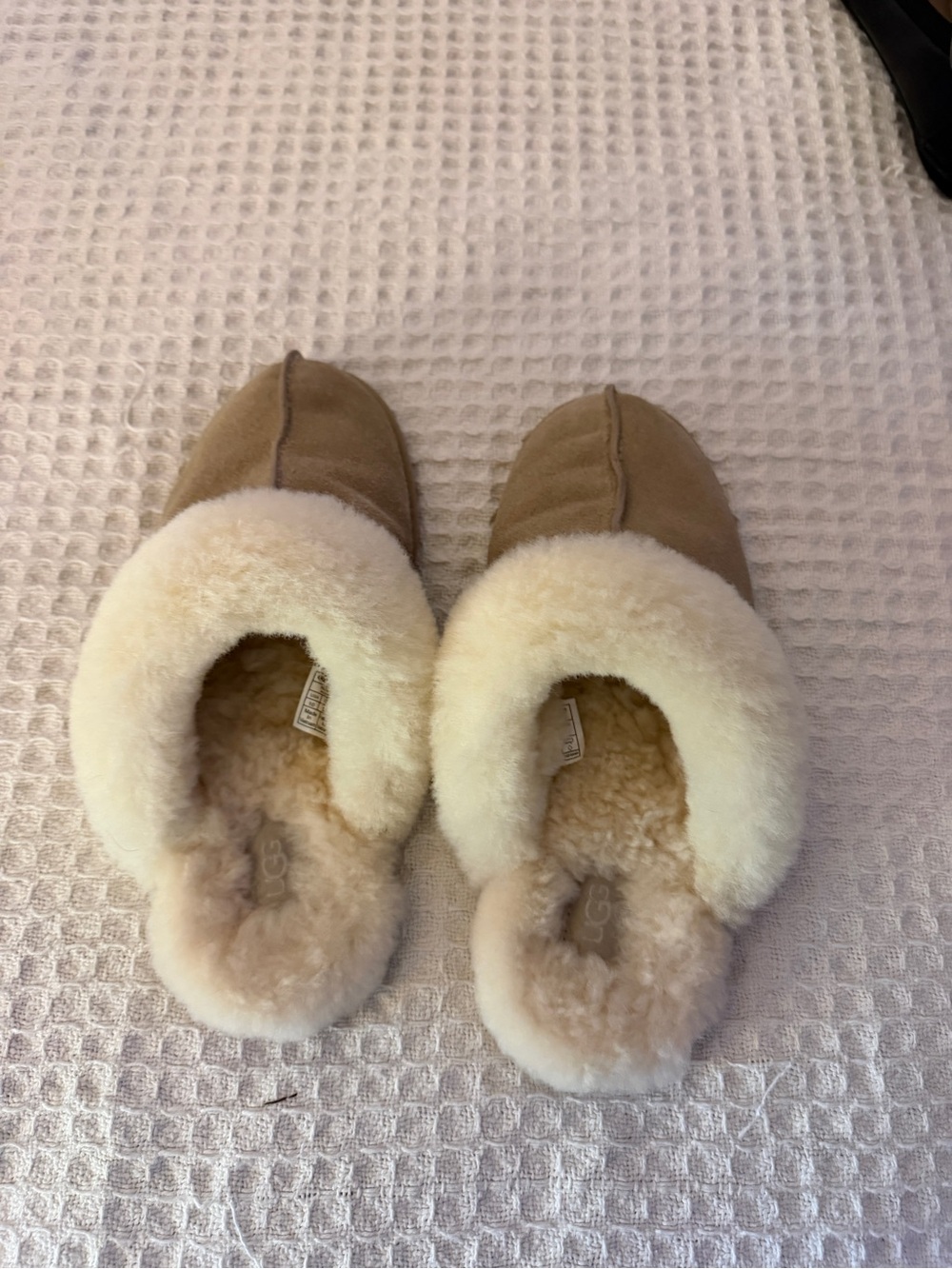 UGG Chestnut Suede Shearling-Lined Slippers with Cream Collar